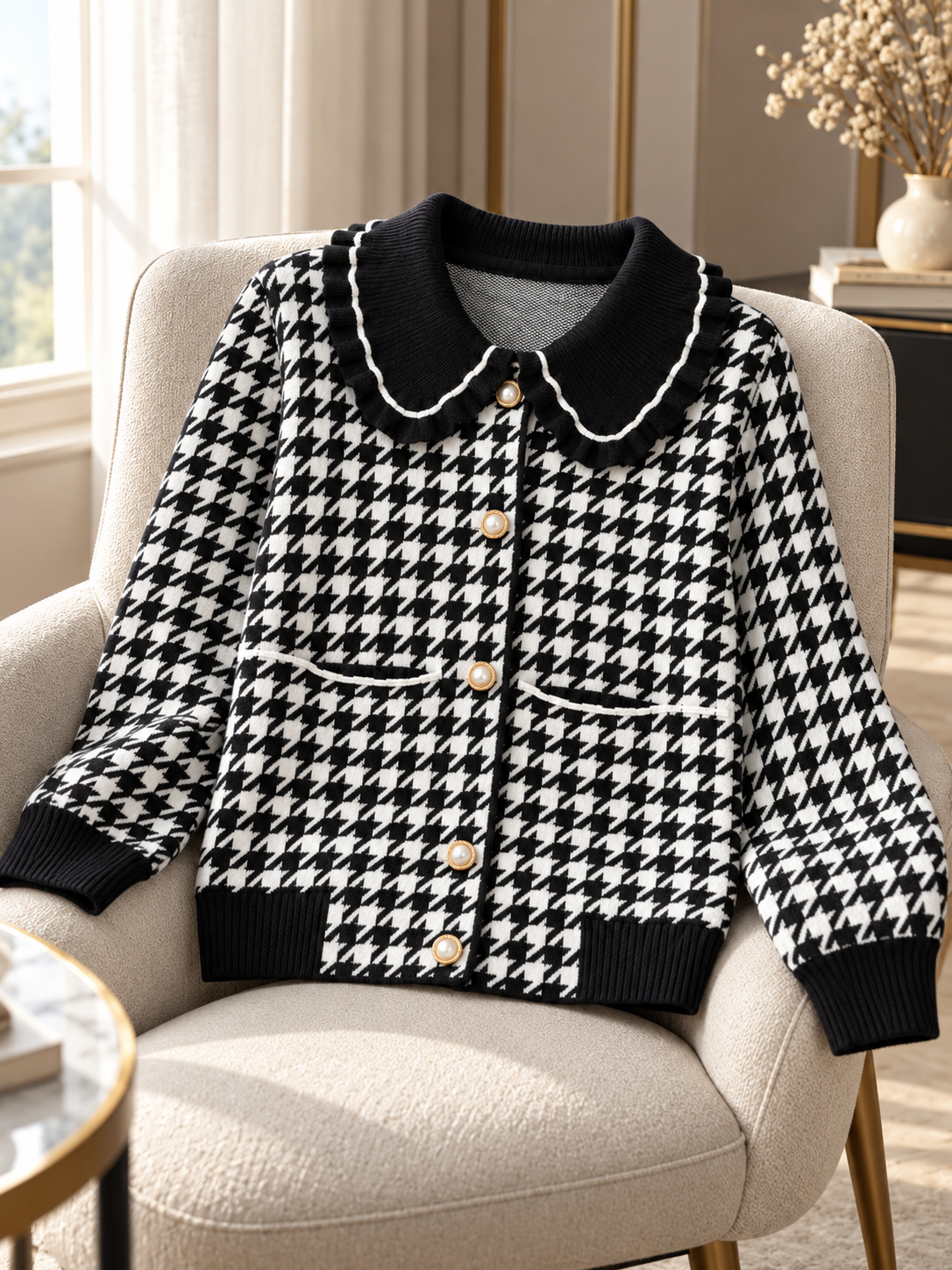 Close-up detail of black houndtooth ruffle collar women's cardigan by Purple Imli