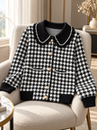 Close-up detail of black houndtooth ruffle collar women's cardigan by Purple Imli