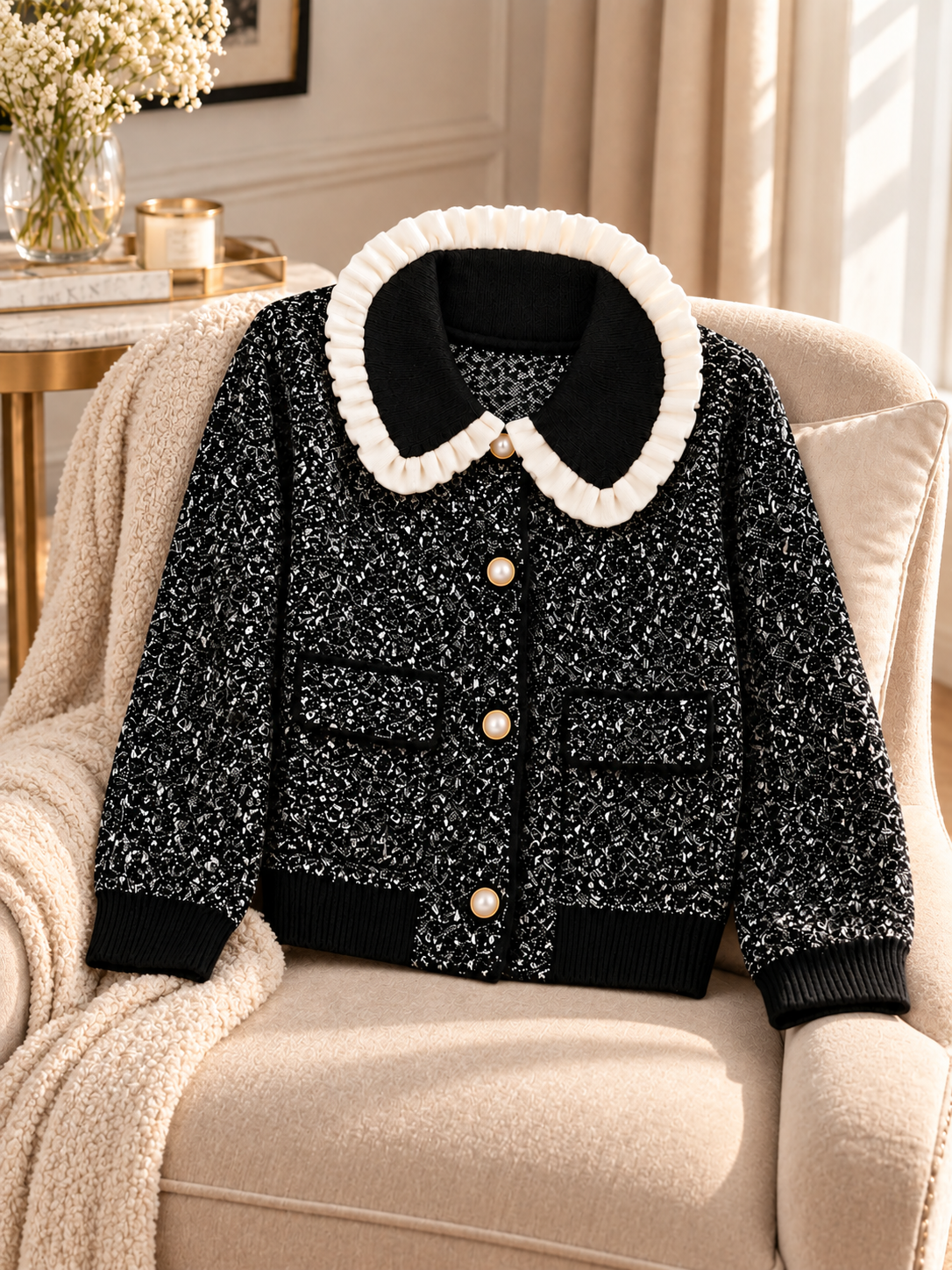 Close-up detail of black ruffle collar tweed women's jacket by Purple Imli