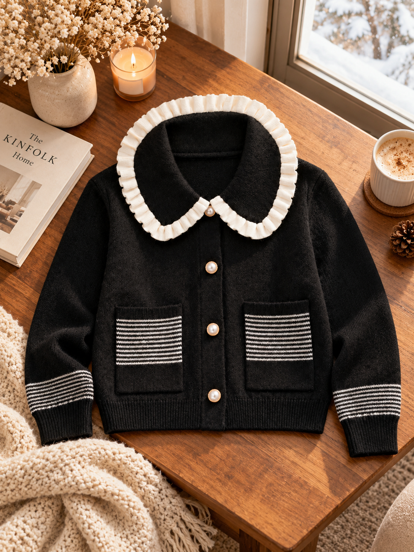 Close-up detail of black striped pocket ruffle women's cardigan by Purple Imli