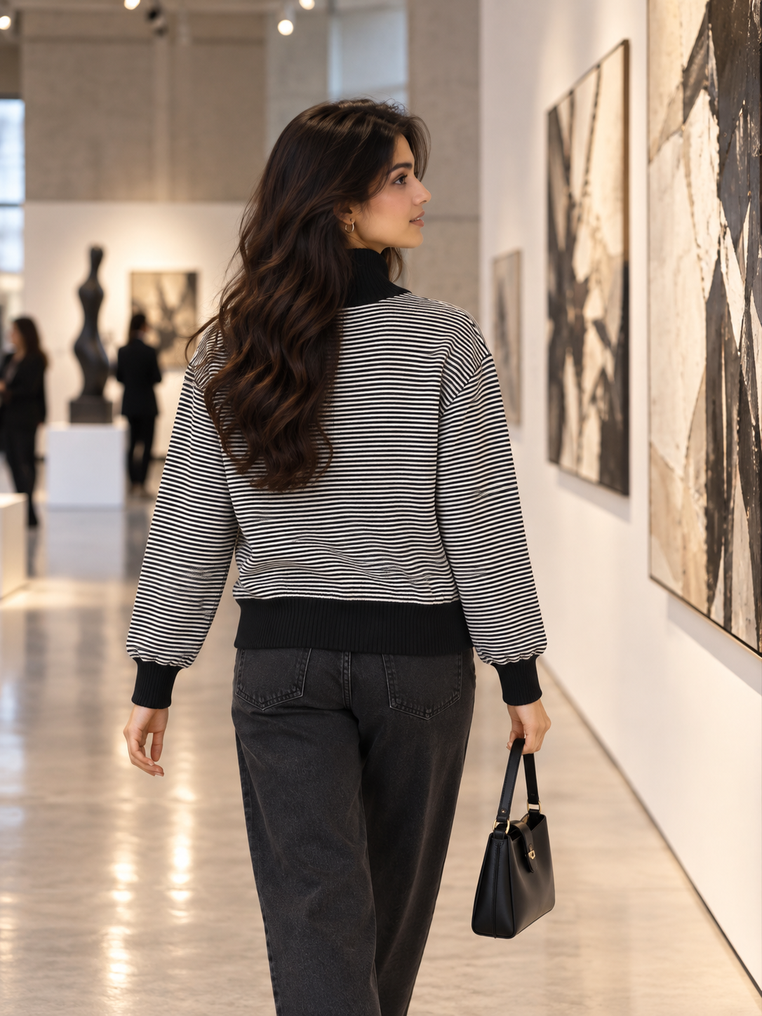 Black fine stripe zip-up women's cardigan by Purple Imli – back view