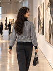 Black fine stripe zip-up women's cardigan by Purple Imli – back view