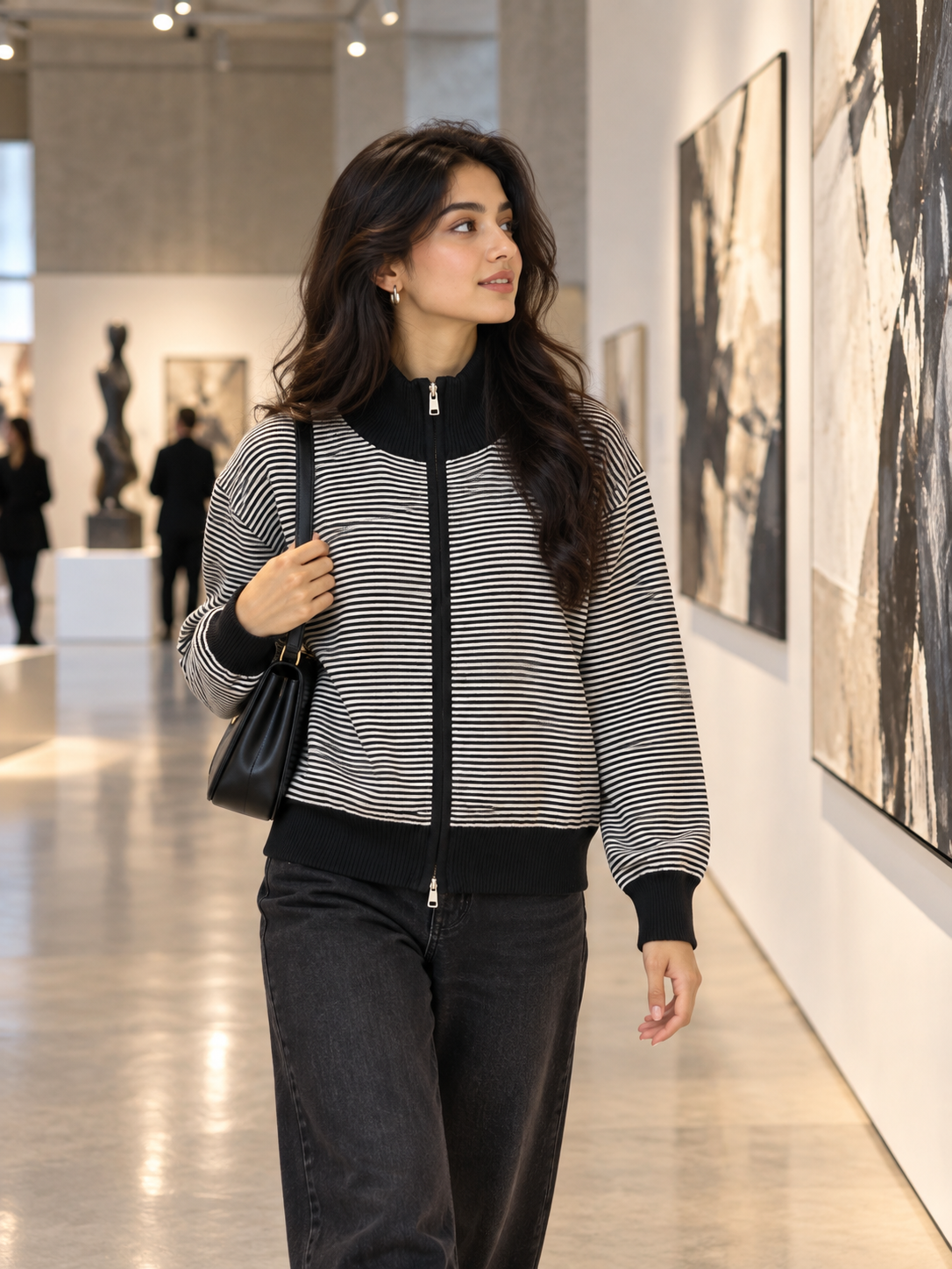 Black fine stripe zip-up women's cardigan by Purple Imli – front view