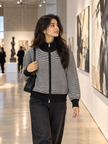 Black fine stripe zip-up women's cardigan by Purple Imli – front view