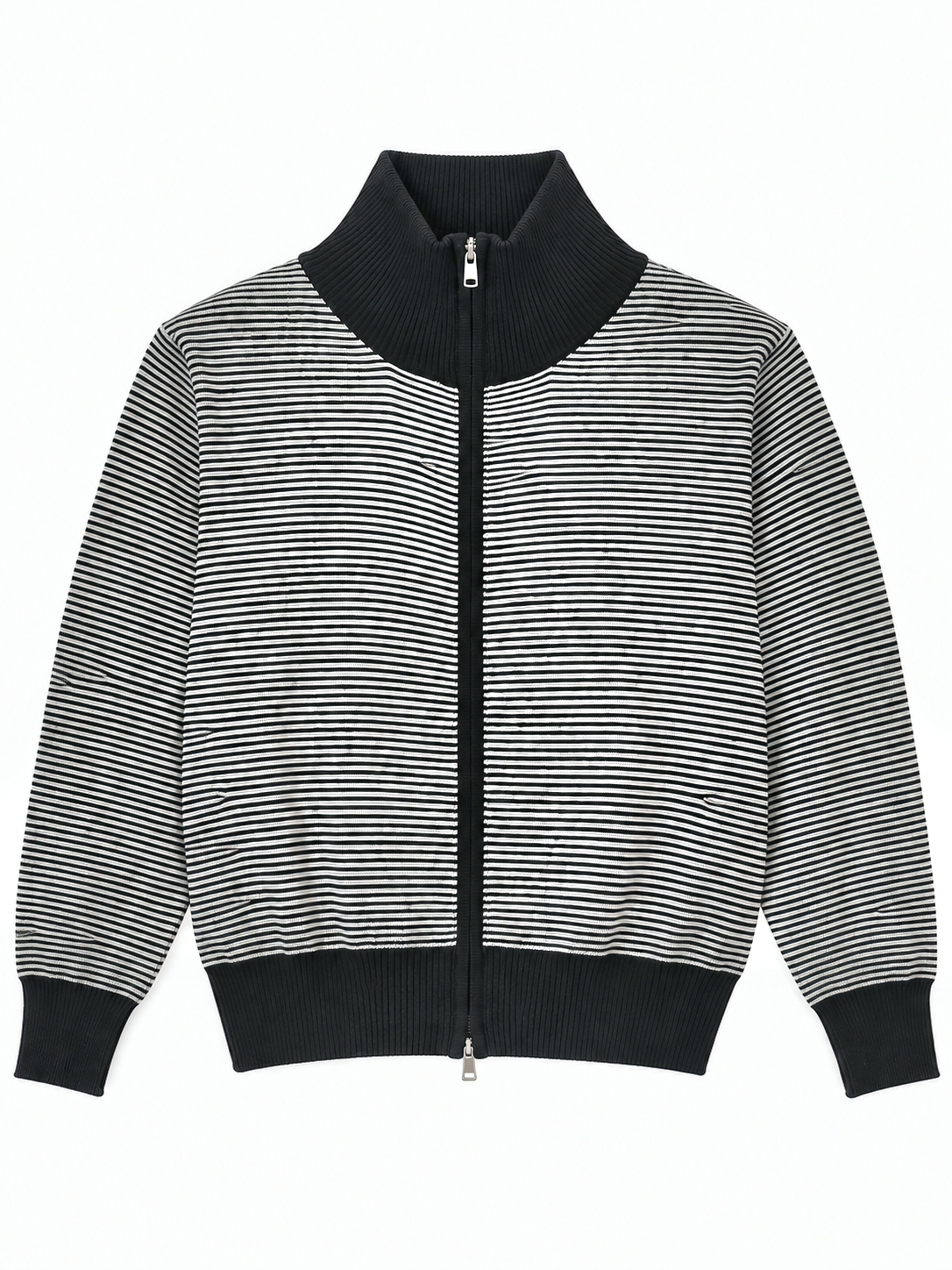 Black fine stripe zip-up women's cardigan by Purple Imli – product shot