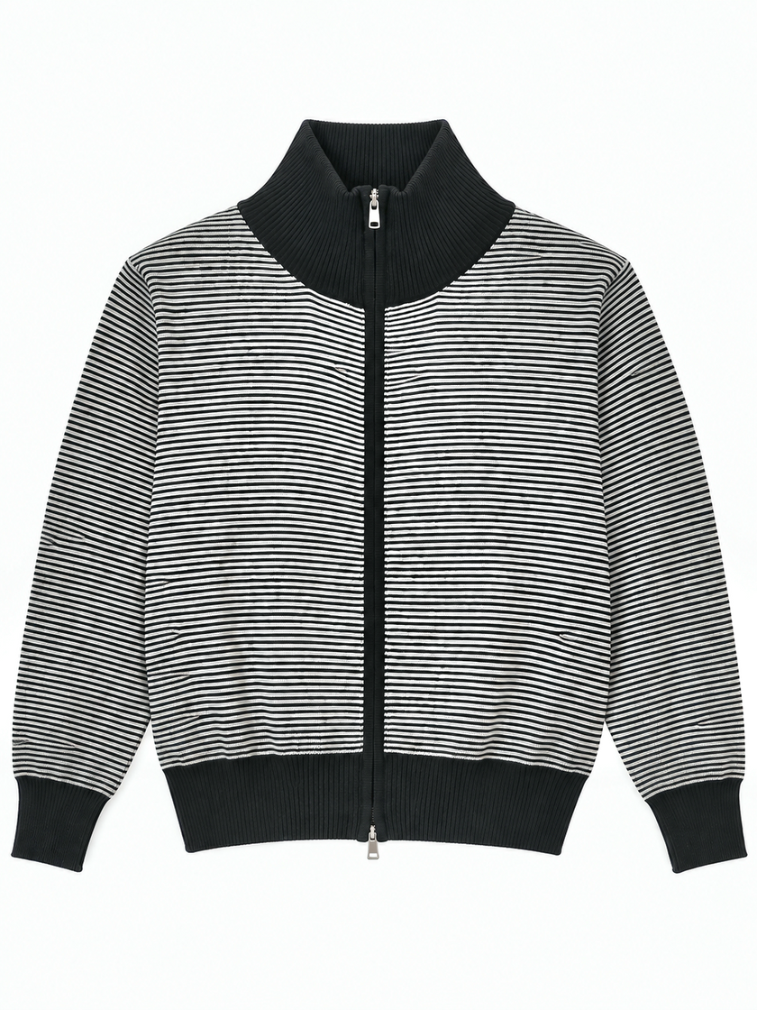 Black fine stripe zip-up women's cardigan by Purple Imli – product shot