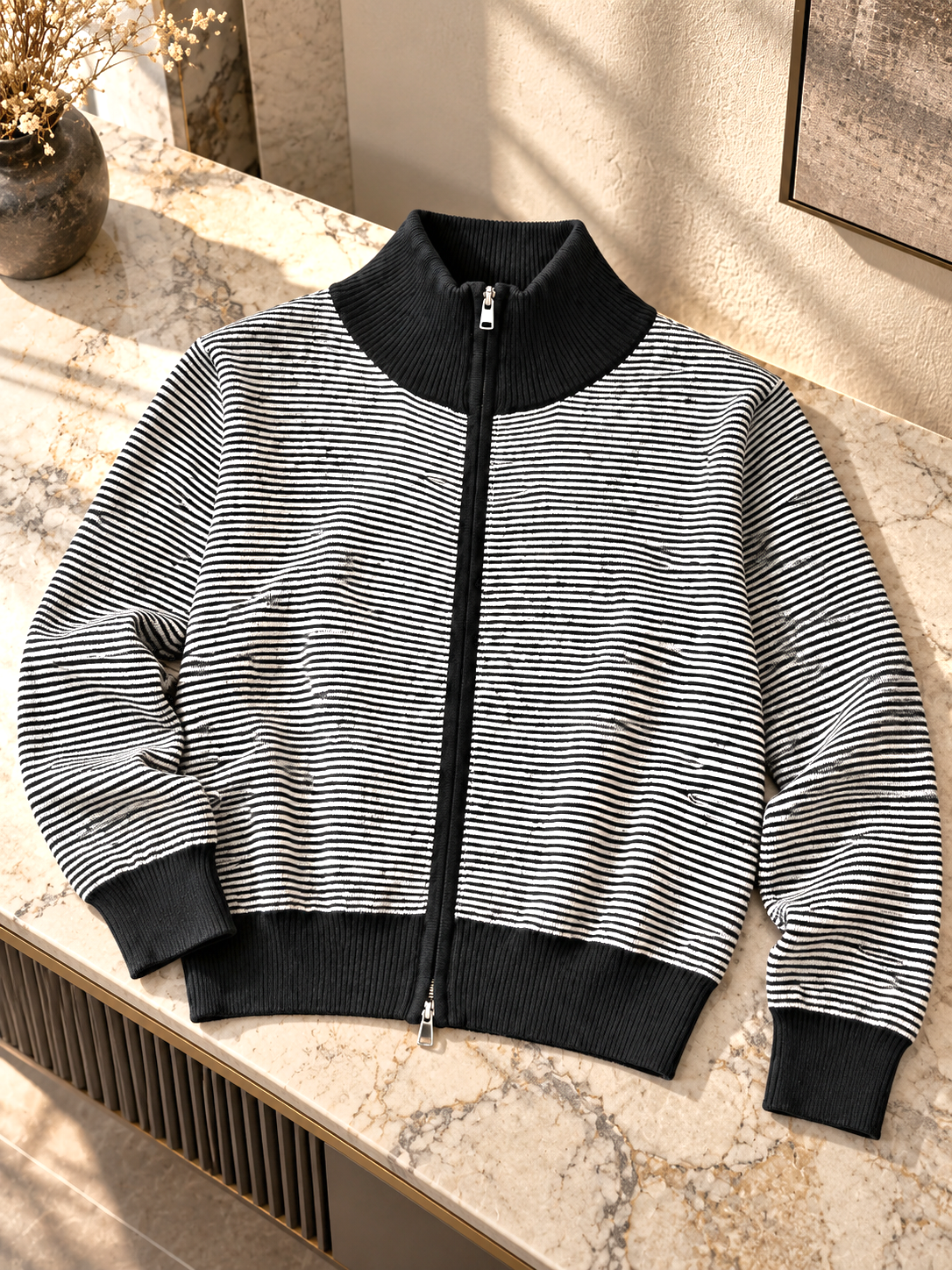 Close-up detail of black fine stripe zip-up women's cardigan by Purple Imli