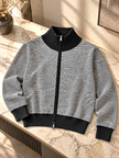 Close-up detail of black fine stripe zip-up women's cardigan by Purple Imli