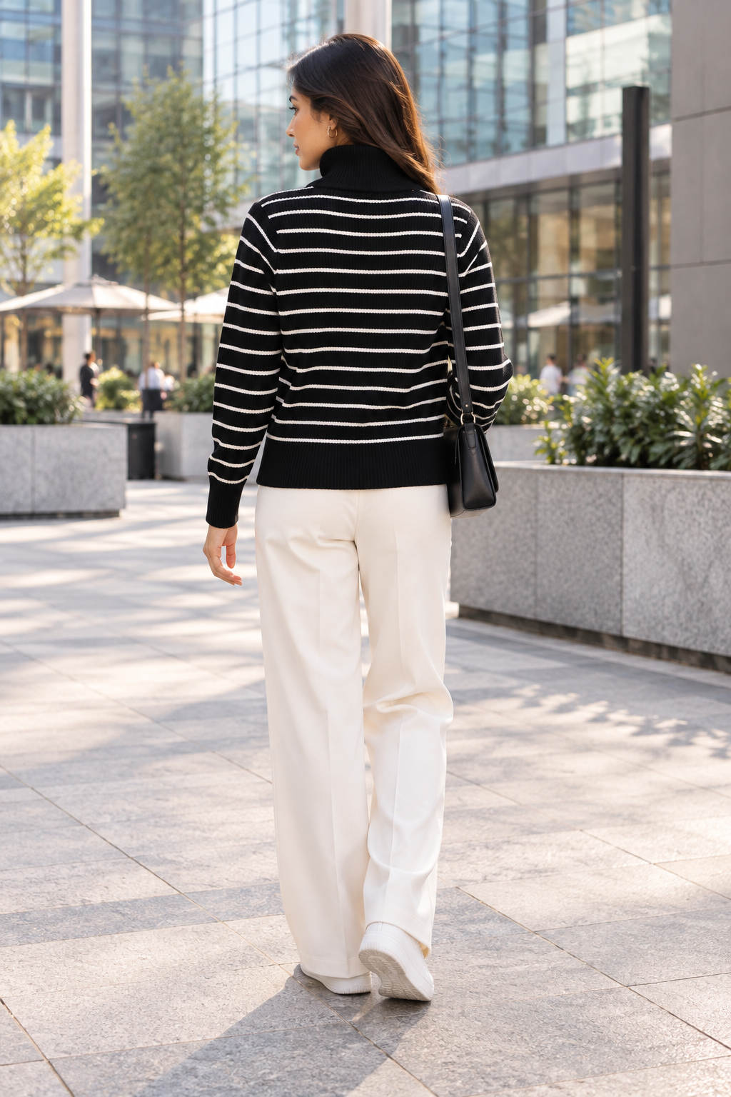 Black breton stripe half-zip women's sweater by Purple Imli – back view