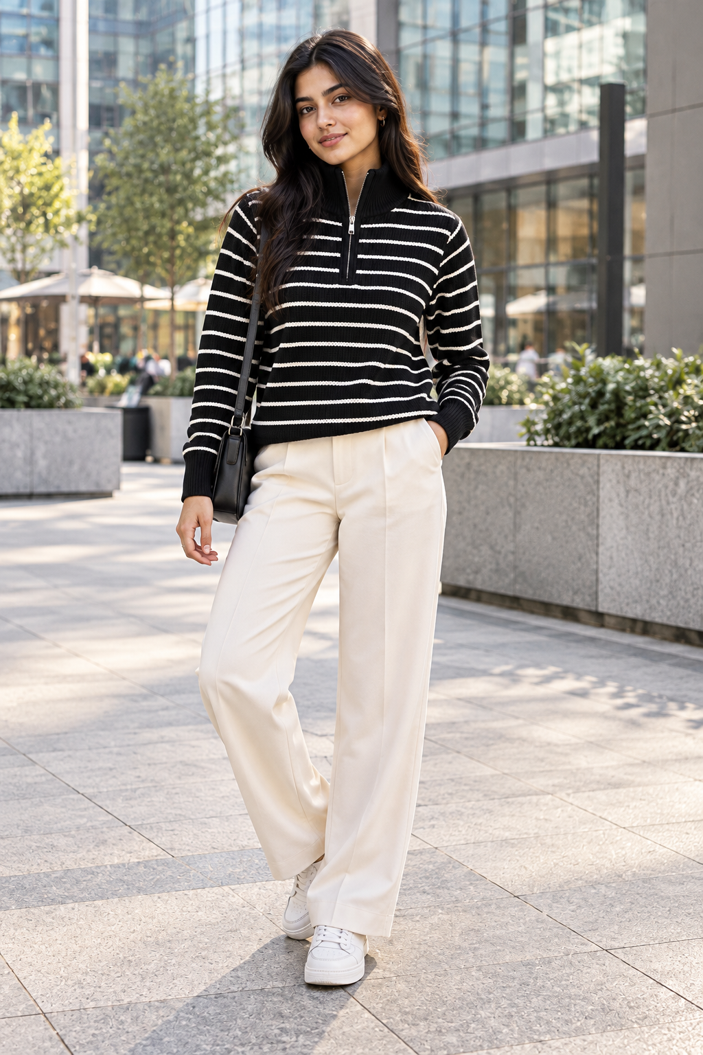 Black breton stripe half-zip women's sweater by Purple Imli – front view