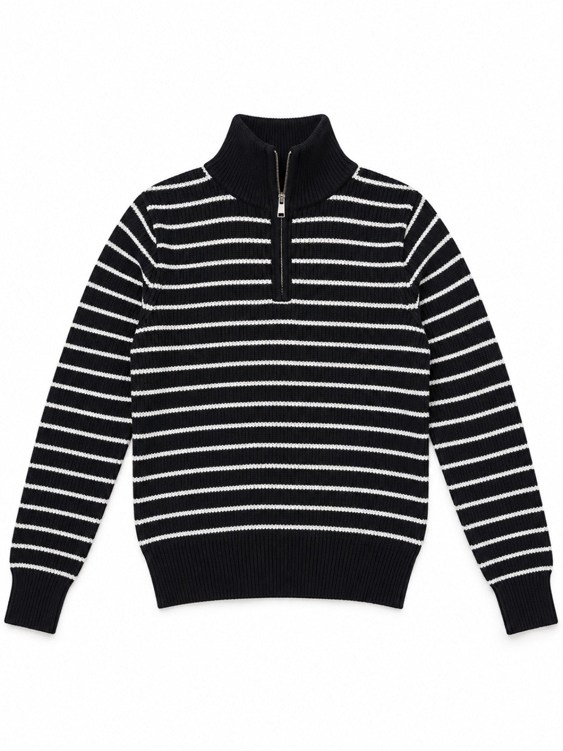 Black breton stripe half-zip women's sweater by Purple Imli – product shot