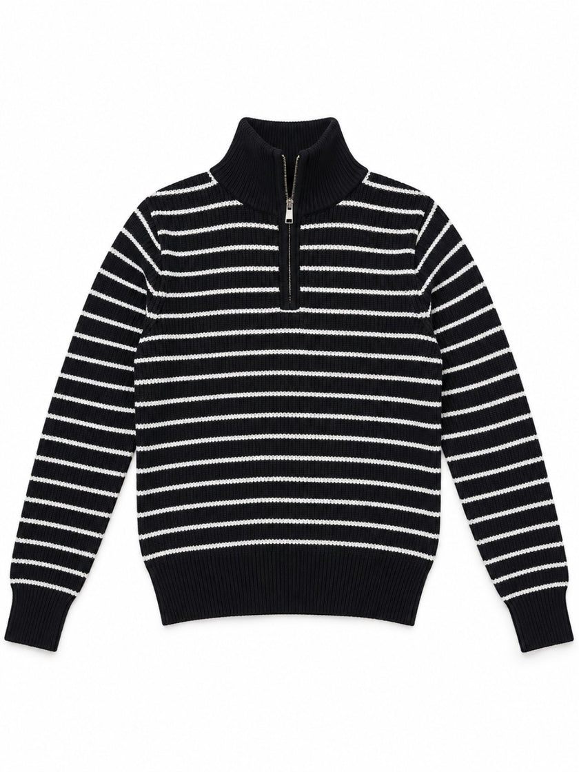Black breton stripe half-zip women's sweater by Purple Imli – product shot