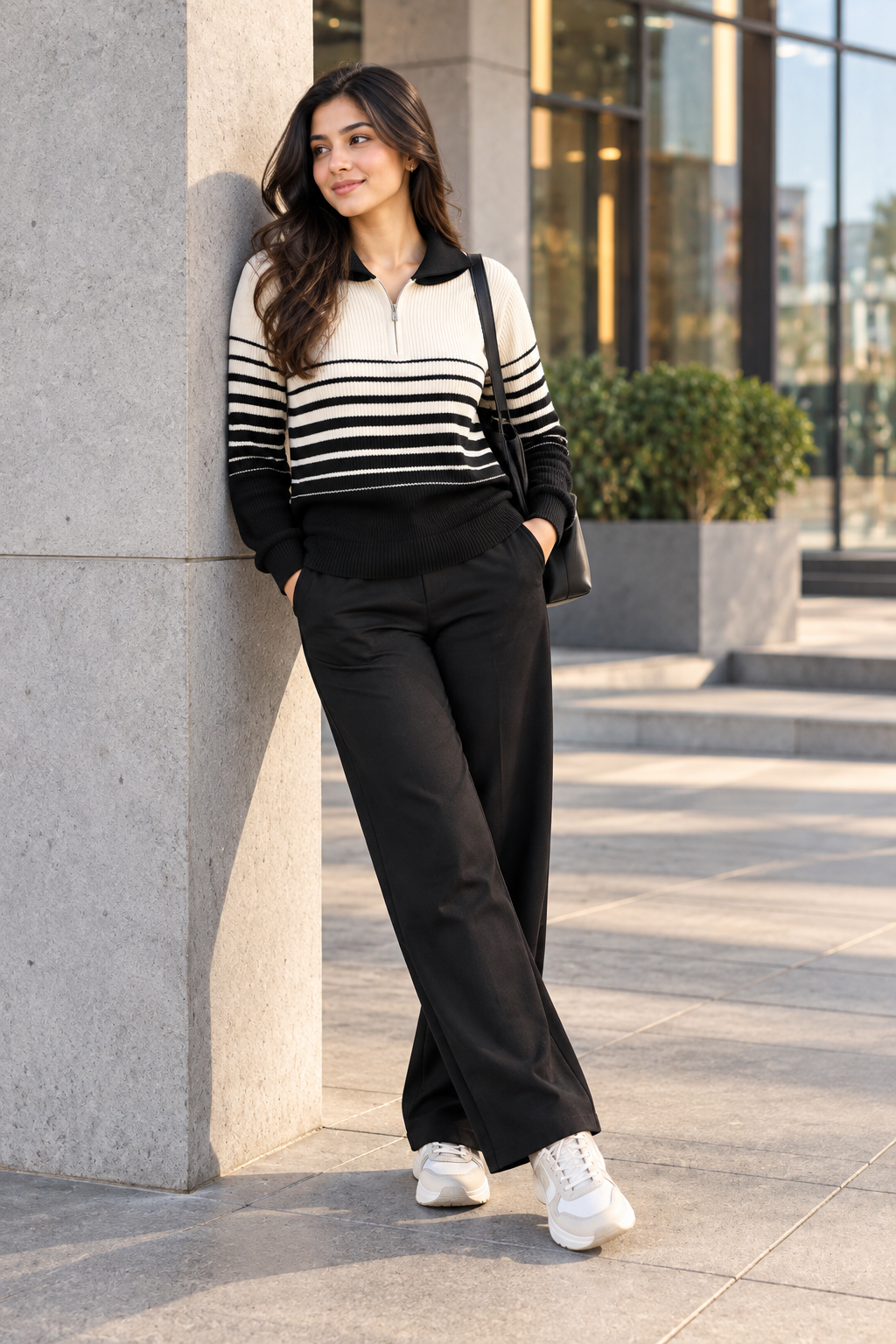 Woman wearing black shawl collar half-zip sweater by Purple Imli in a city street look
