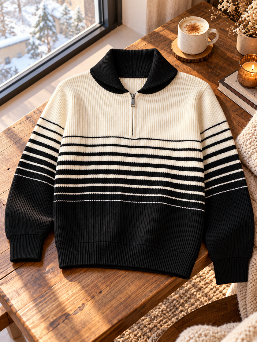 Close-up detail of black shawl collar half-zip women's sweater by Purple Imli