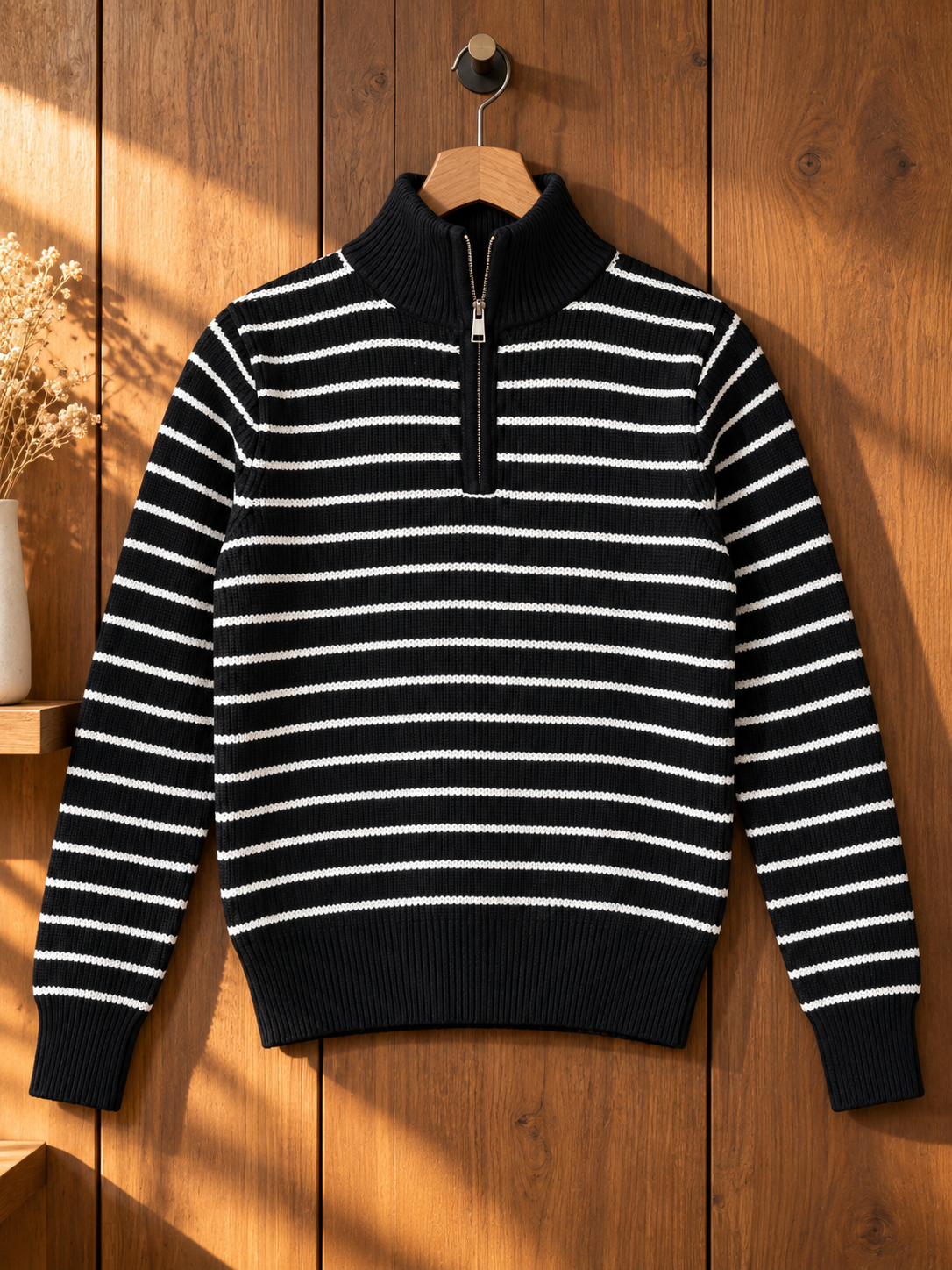 Close-up detail of black breton stripe half-zip women's sweater by Purple Imli