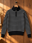 Close-up detail of black breton stripe half-zip women's sweater by Purple Imli