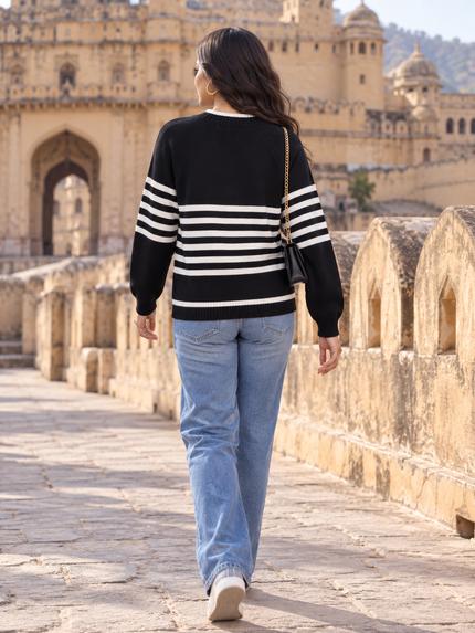 Black striped raglan women's sweater by Purple Imli – back view