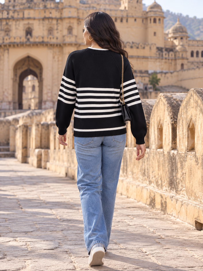 Black striped raglan women's sweater by Purple Imli – back view