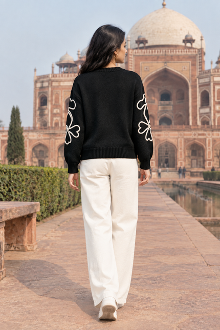 Black outline flower women's sweater by Purple Imli – back view