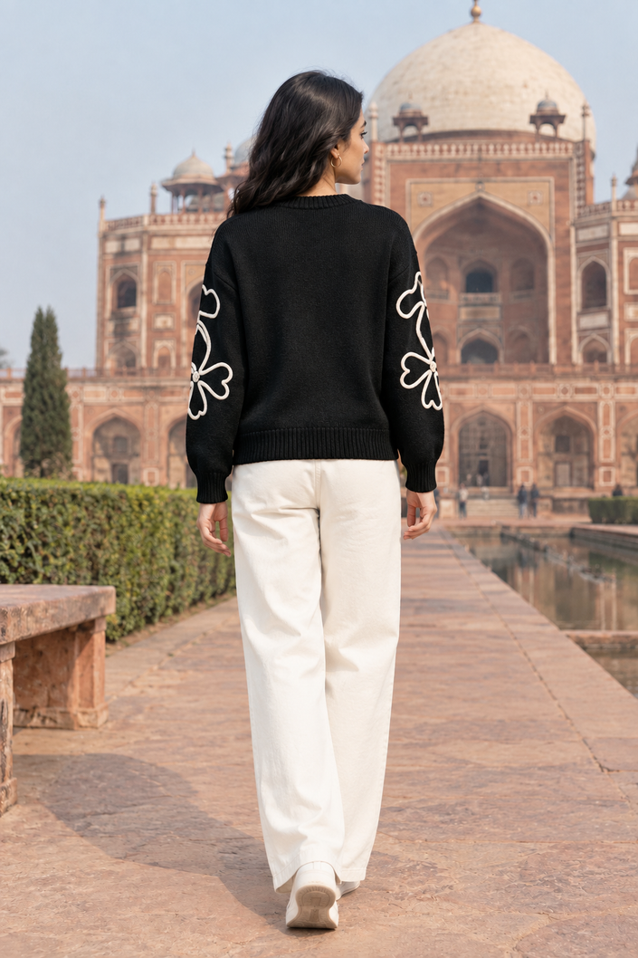 Black outline flower women's sweater by Purple Imli – back view