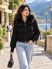 Black faux fur collar zip-up women's sweater by Purple Imli – front view