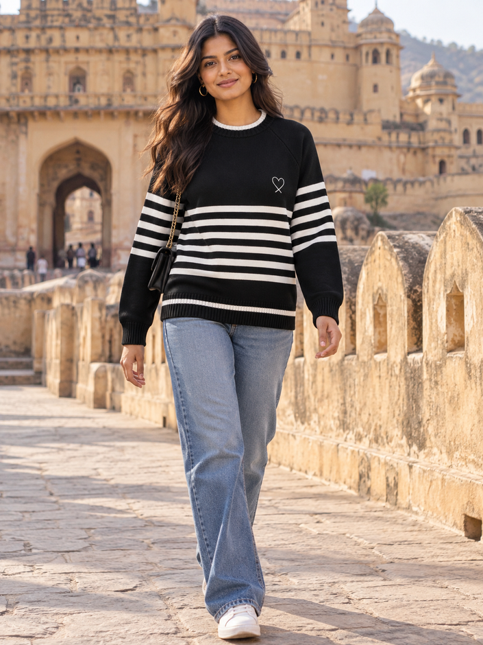Black striped raglan women's sweater by Purple Imli – front view