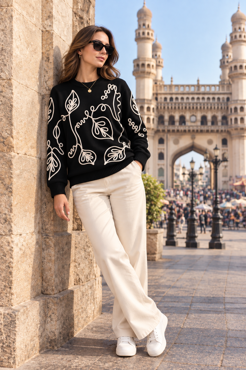 Black outline leaf women's sweater by Purple Imli – front view