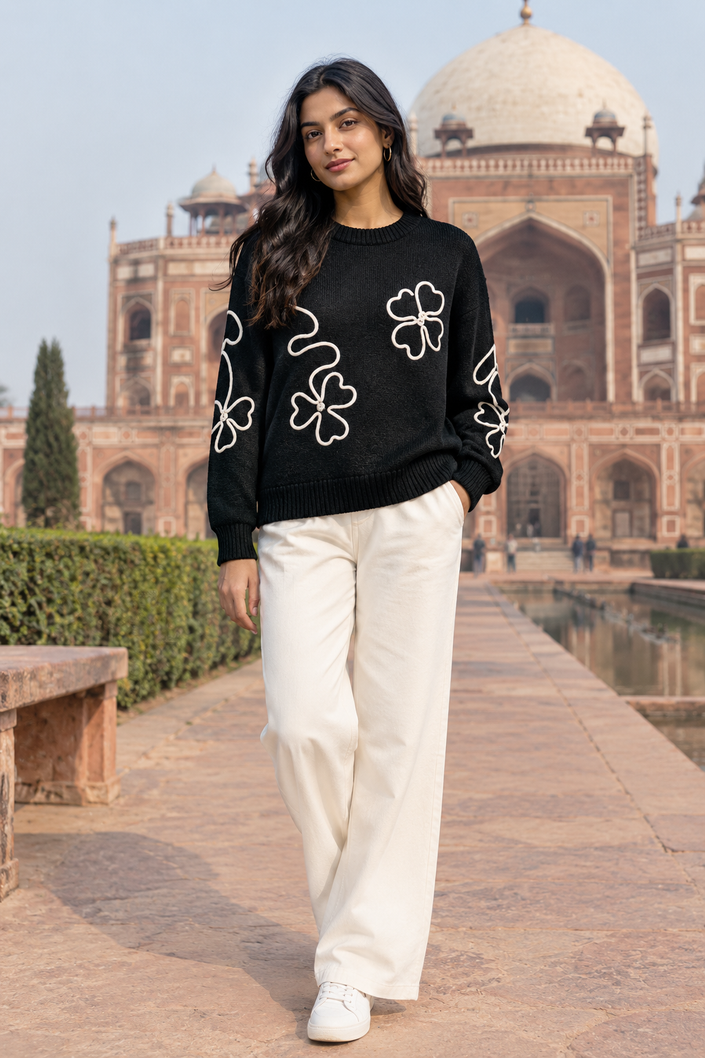 Black outline flower women's sweater by Purple Imli – front view