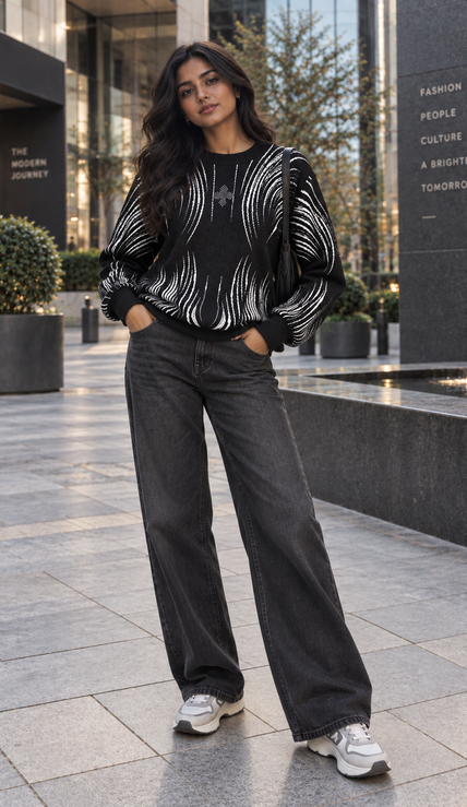 Black brushstroke rhinestone women's sweater by Purple Imli – front view