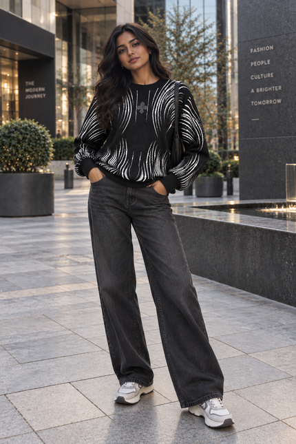 Black brushstroke rhinestone women's sweater by Purple Imli – front view