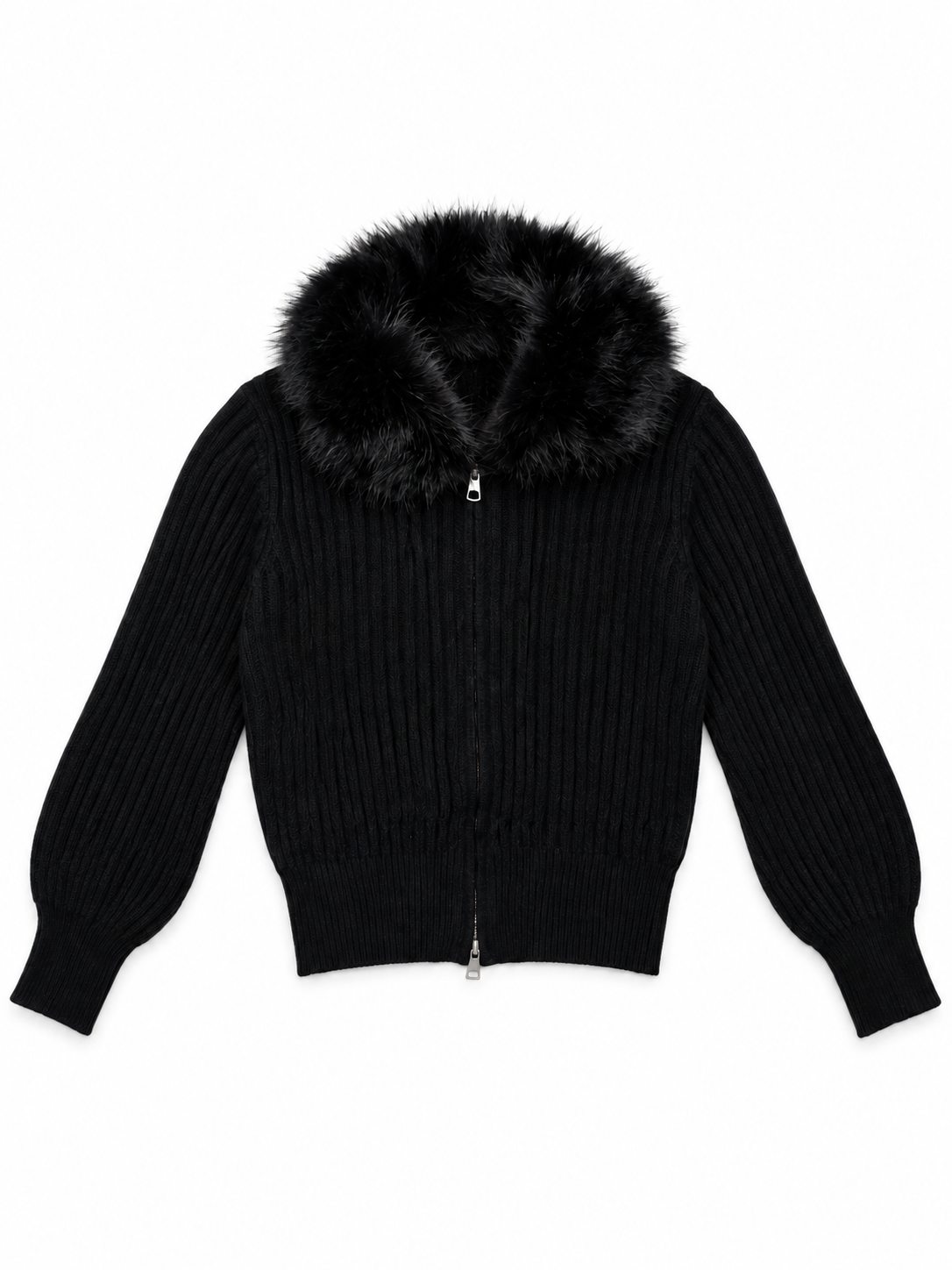 Black faux fur collar zip-up women's sweater by Purple Imli – product shot