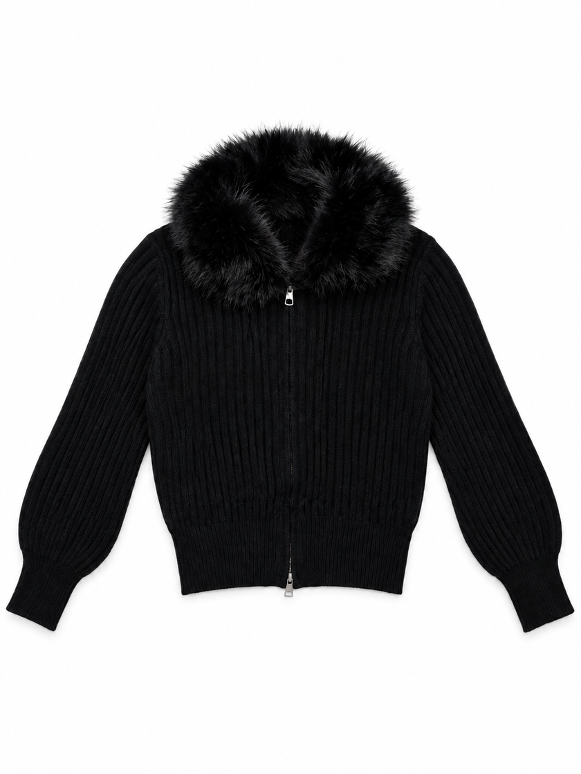 Black faux fur collar zip-up women's sweater by Purple Imli – product shot