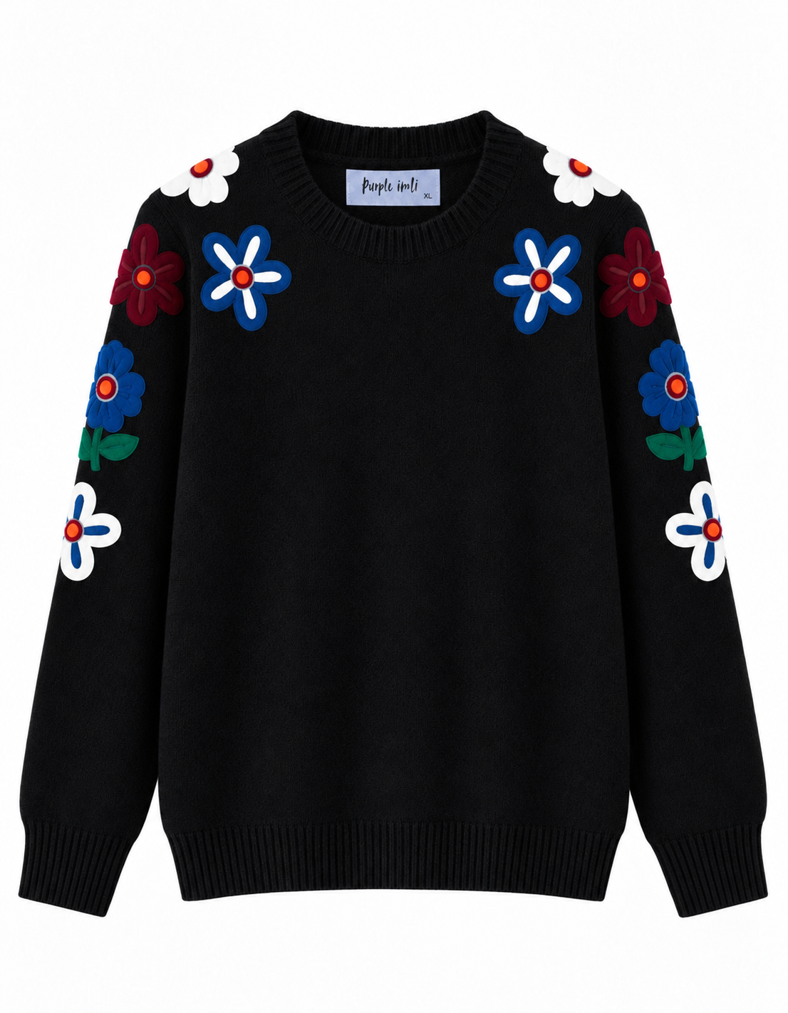 Black embroidered round-neck women's sweater by Purple Imli – product flat lay