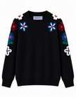 Black embroidered round-neck women's sweater by Purple Imli – product flat lay
