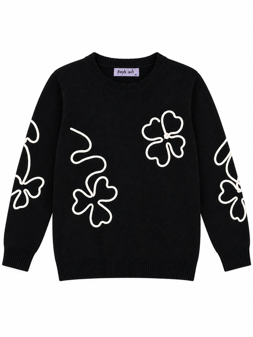 Black outline flower women's sweater by Purple Imli – product shot