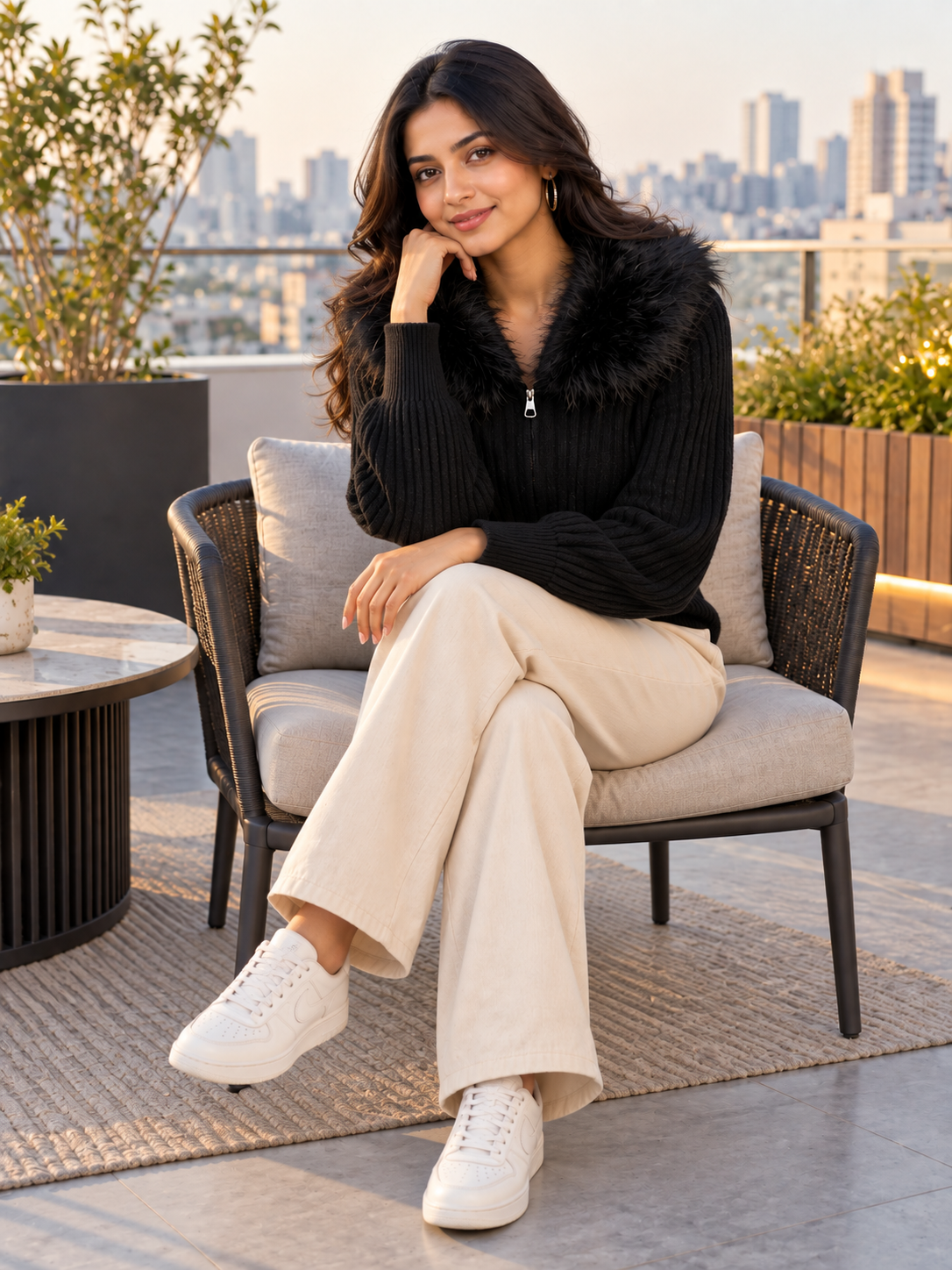 Woman wearing black faux fur collar zip-up sweater by Purple Imli in a city street look