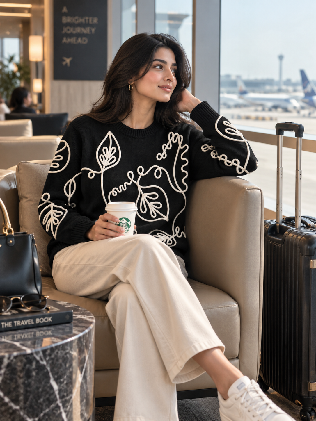 Woman wearing black outline leaf sweater by Purple Imli in a city street look