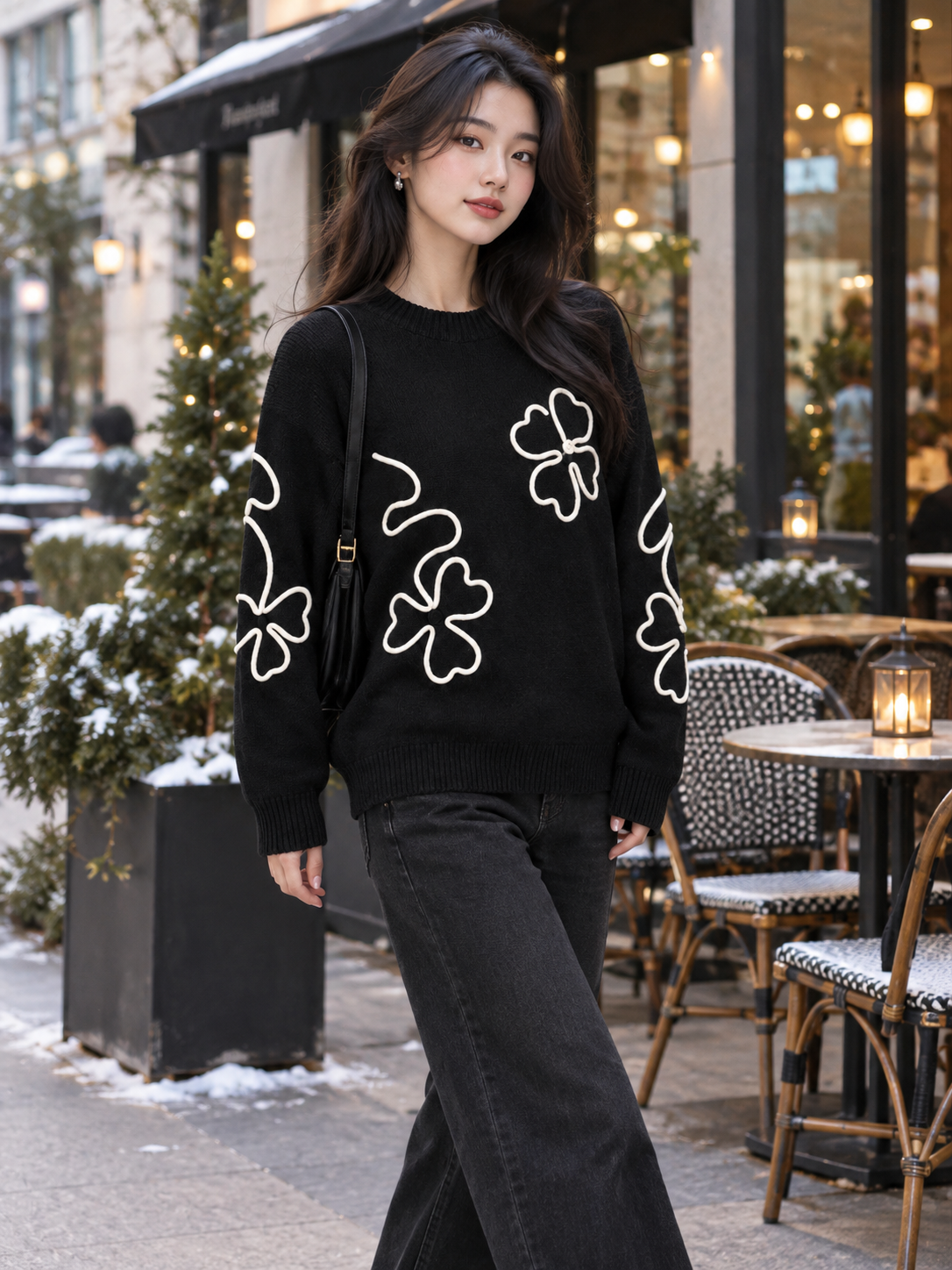 Woman wearing black outline flower sweater by Purple Imli in a city street look