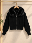 Close-up detail of black faux fur collar zip-up women's sweater by Purple Imli