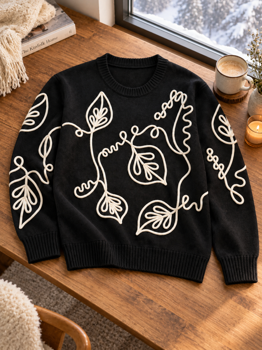 Close-up detail of black outline leaf women's sweater by Purple Imli