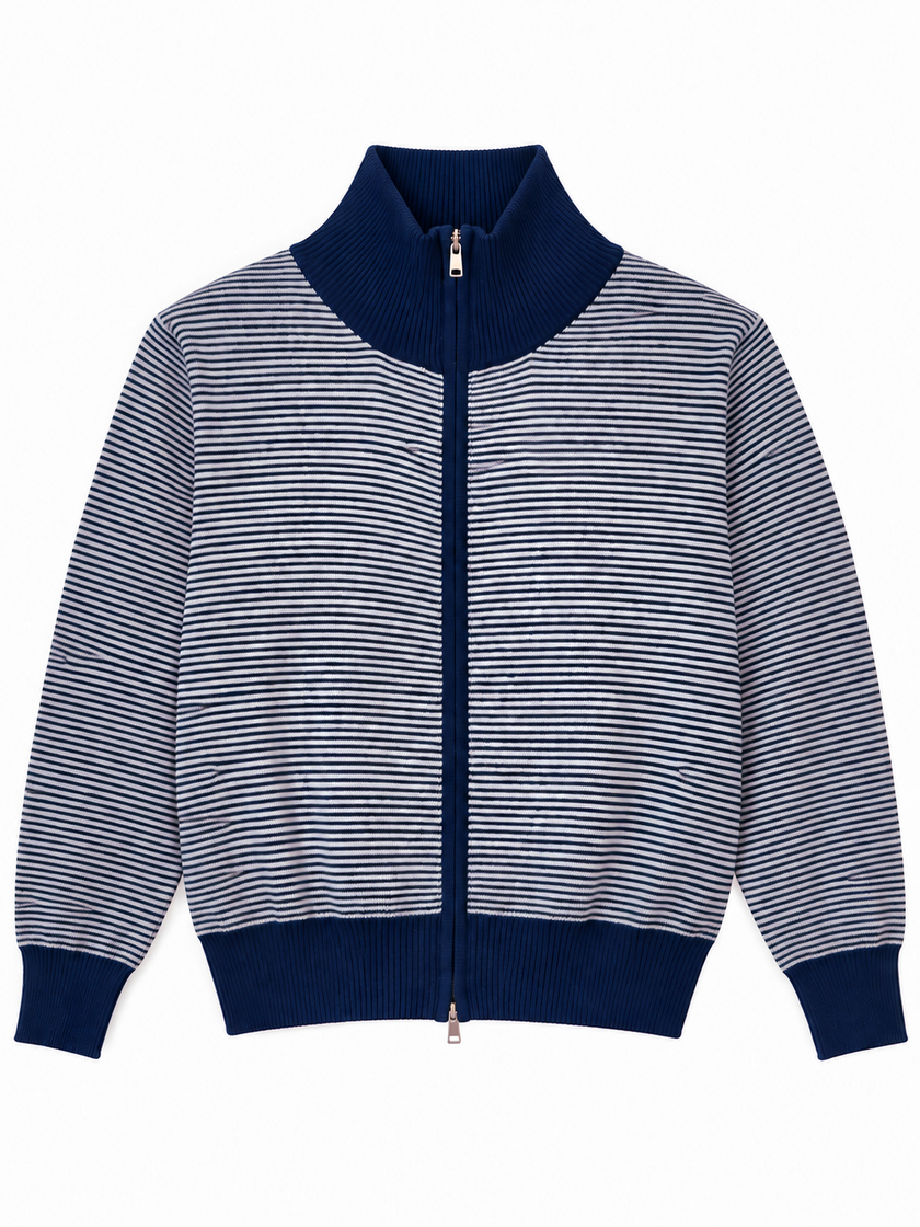 Navy fine stripe zip-up women's cardigan by Purple Imli – product shot