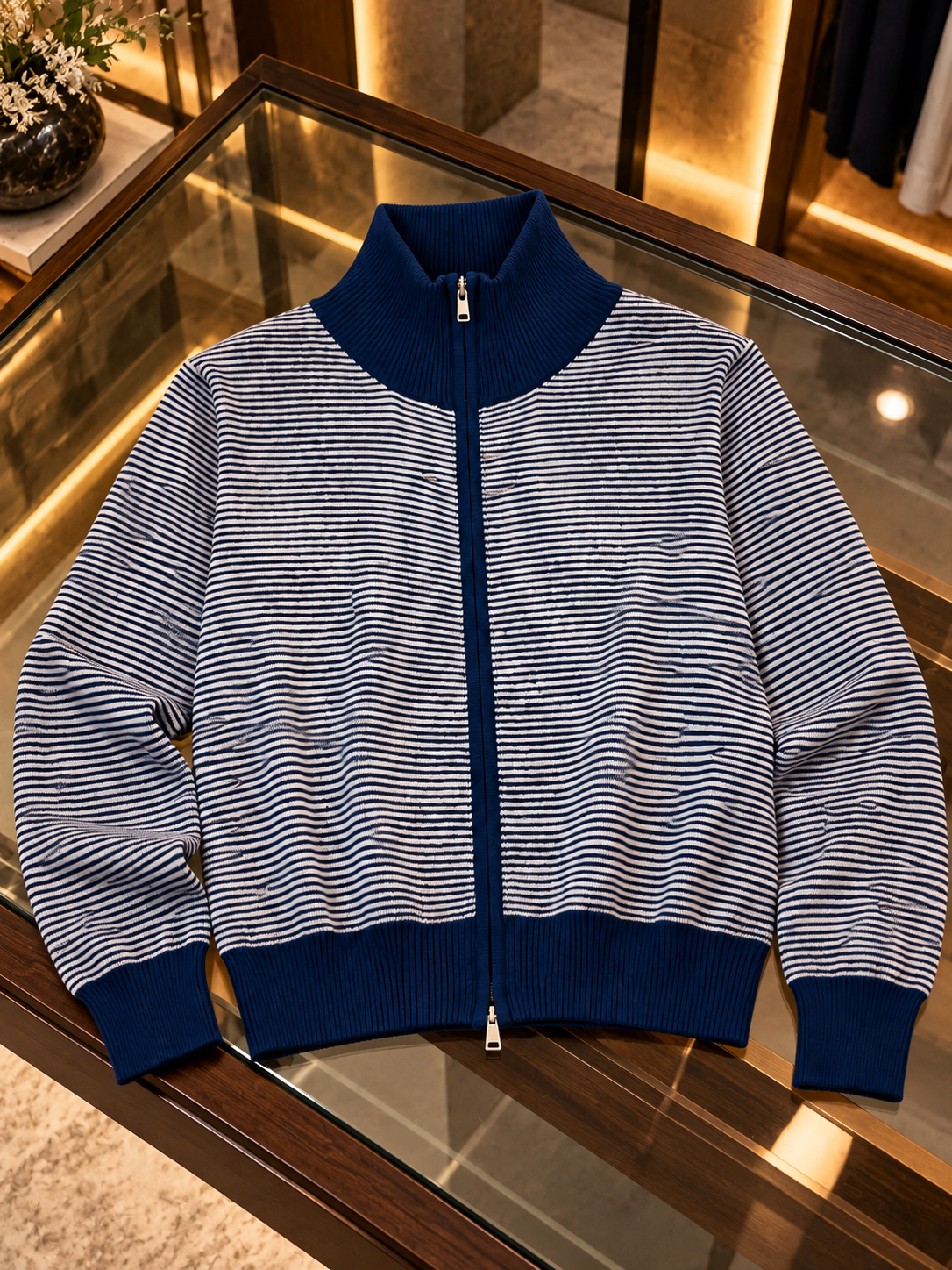 Close-up detail of navy fine stripe zip-up women's cardigan by Purple Imli