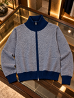 Close-up detail of navy fine stripe zip-up women's cardigan by Purple Imli