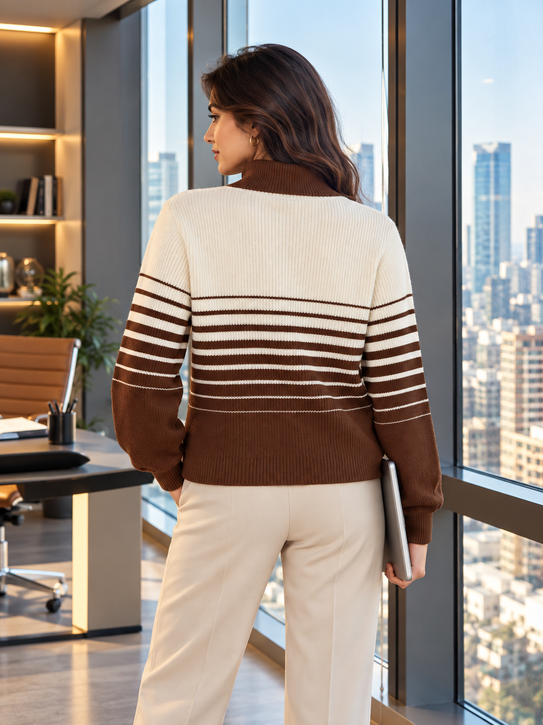 Brown shawl collar half-zip women's sweater by Purple Imli – back view