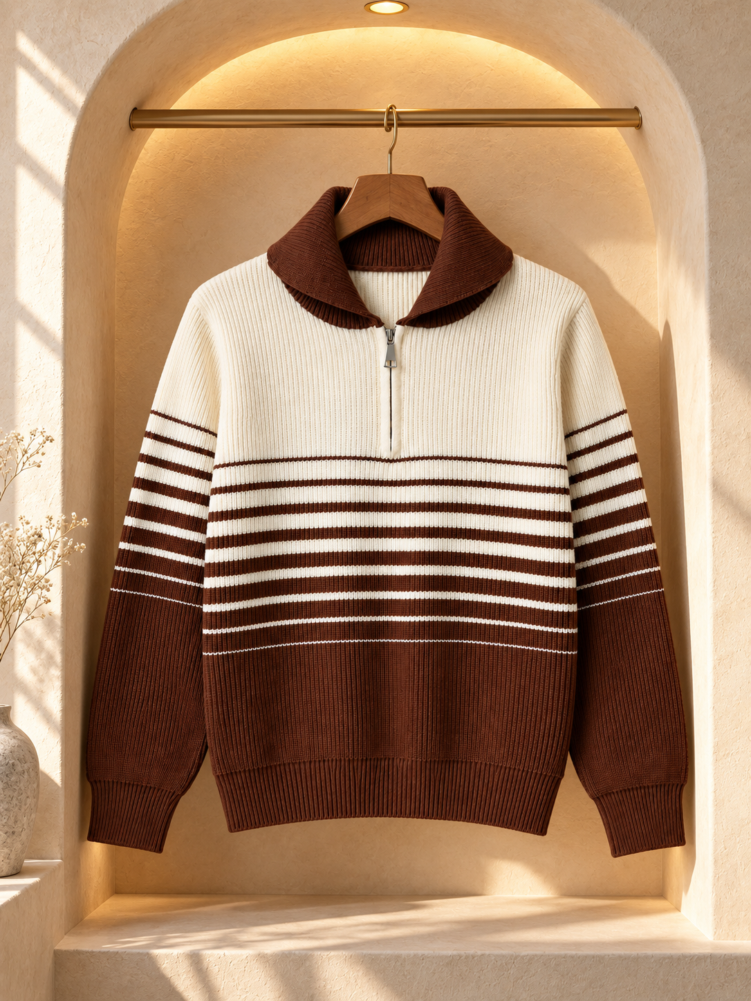 Close-up detail of brown shawl collar half-zip women's sweater by Purple Imli