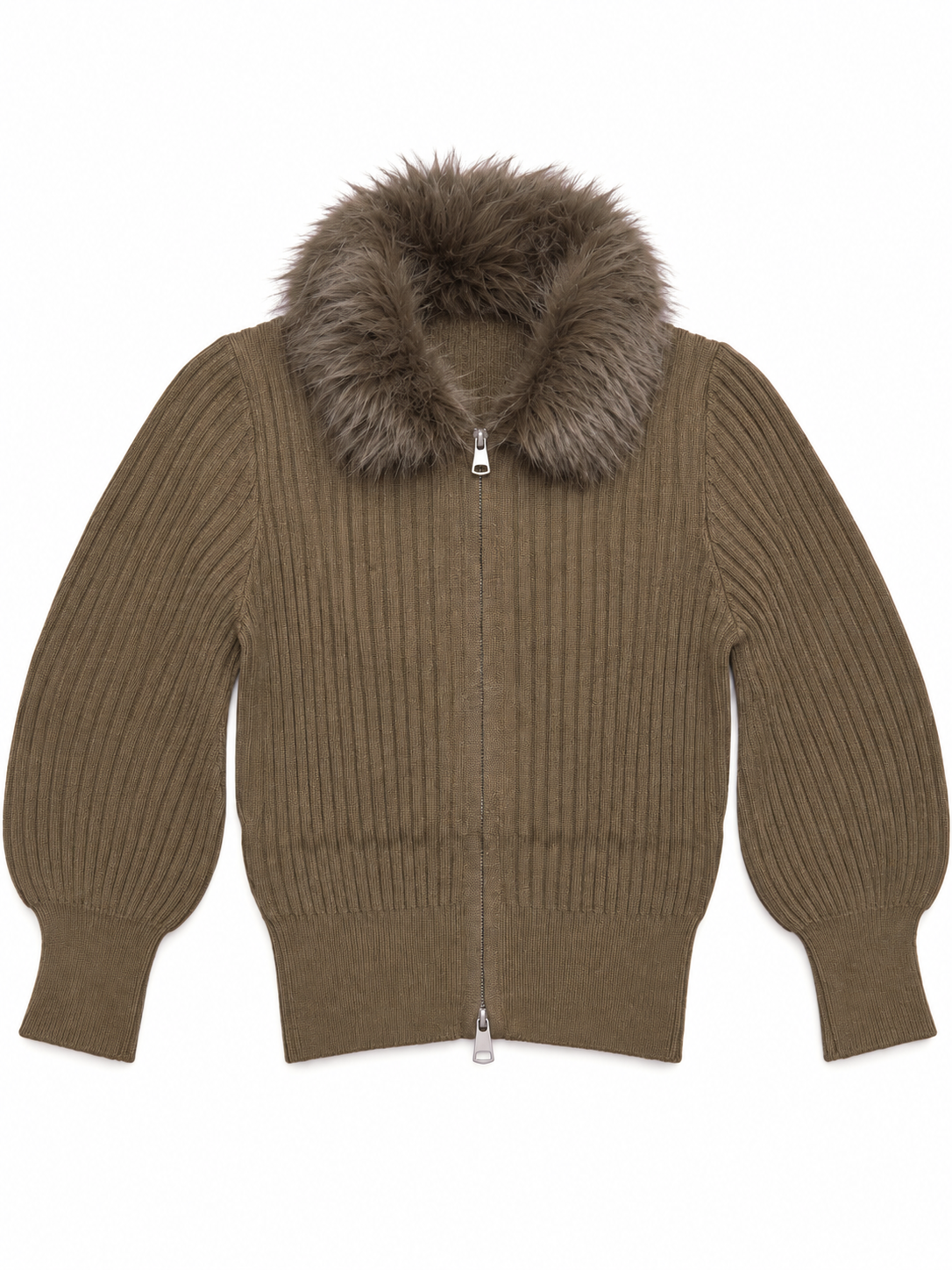 Brown faux fur collar zip-up women's sweater by Purple Imli – product shot