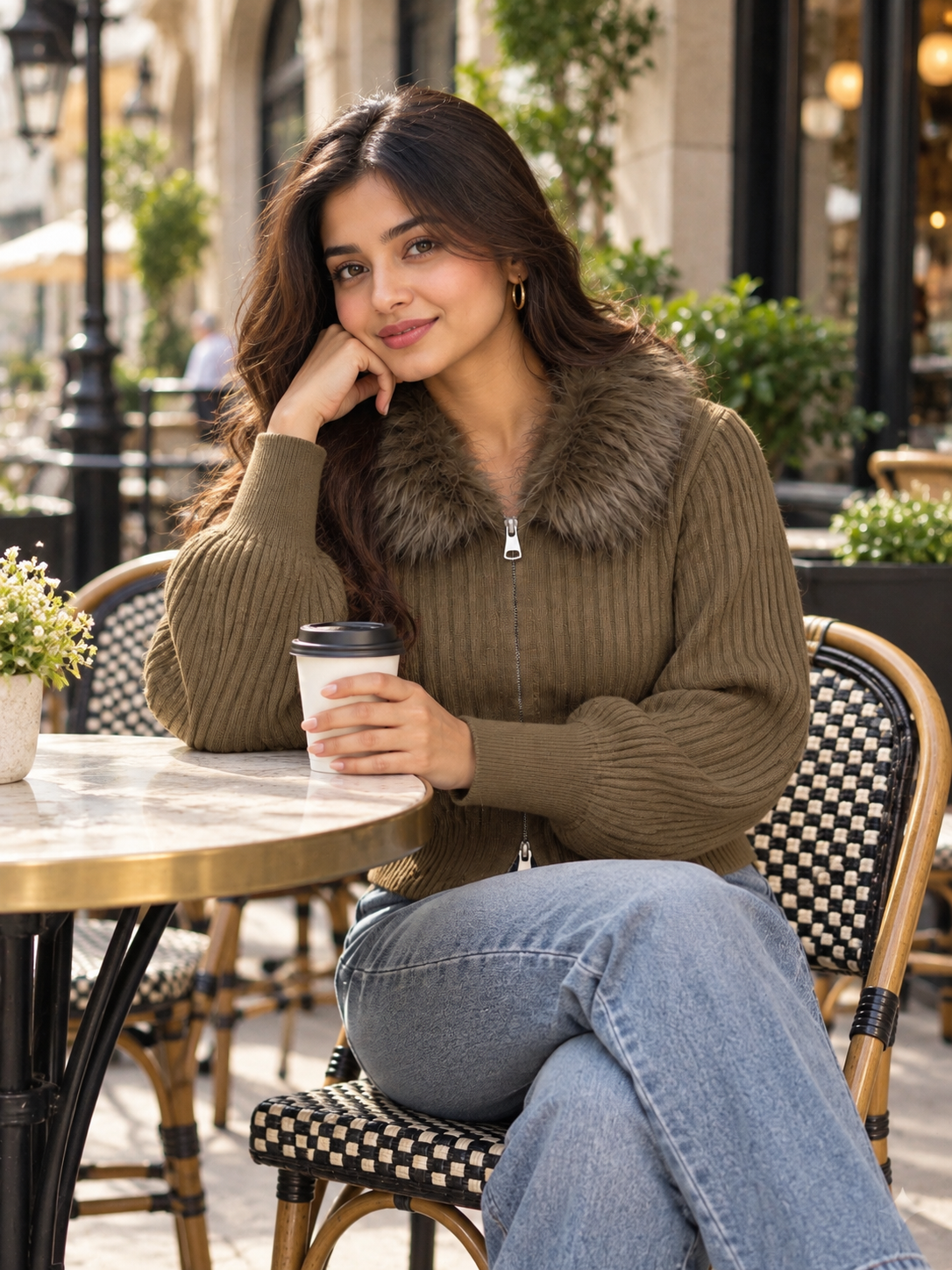 Woman wearing brown faux fur collar zip-up sweater by Purple Imli in a city street look