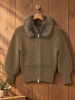 Close-up detail of brown faux fur collar zip-up women's sweater by Purple Imli