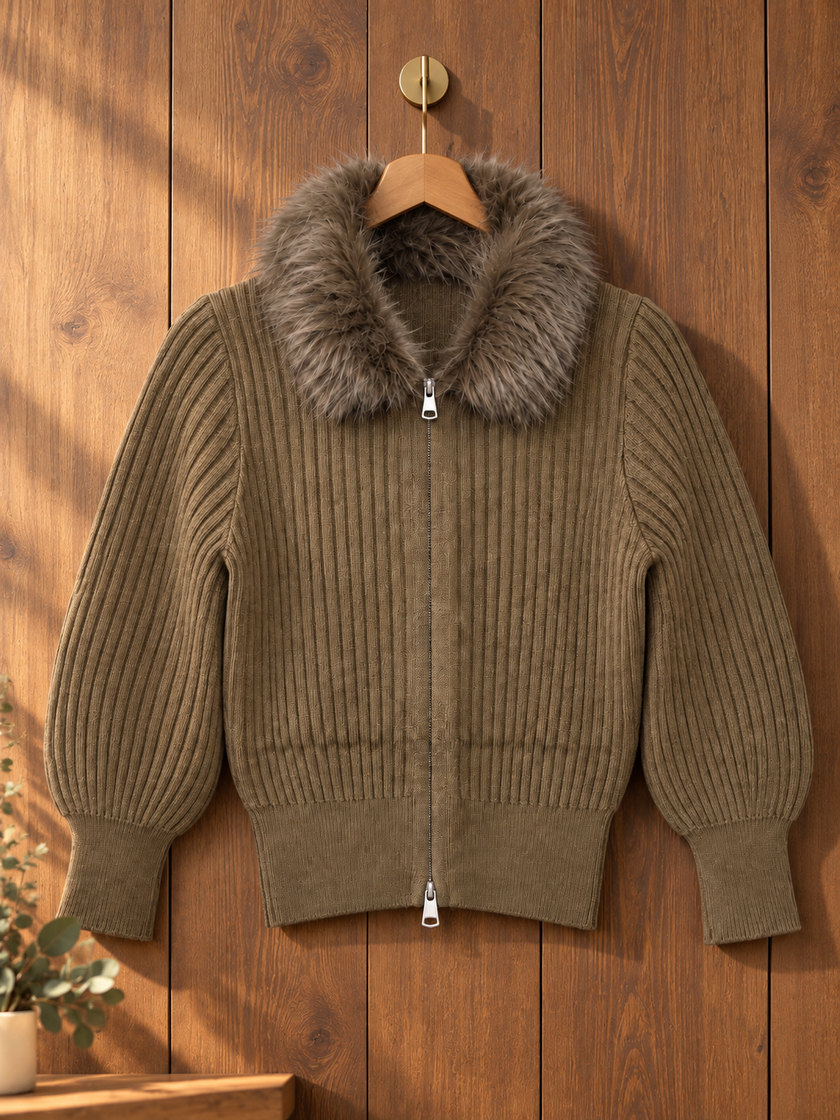 Close-up detail of brown faux fur collar zip-up women's sweater by Purple Imli