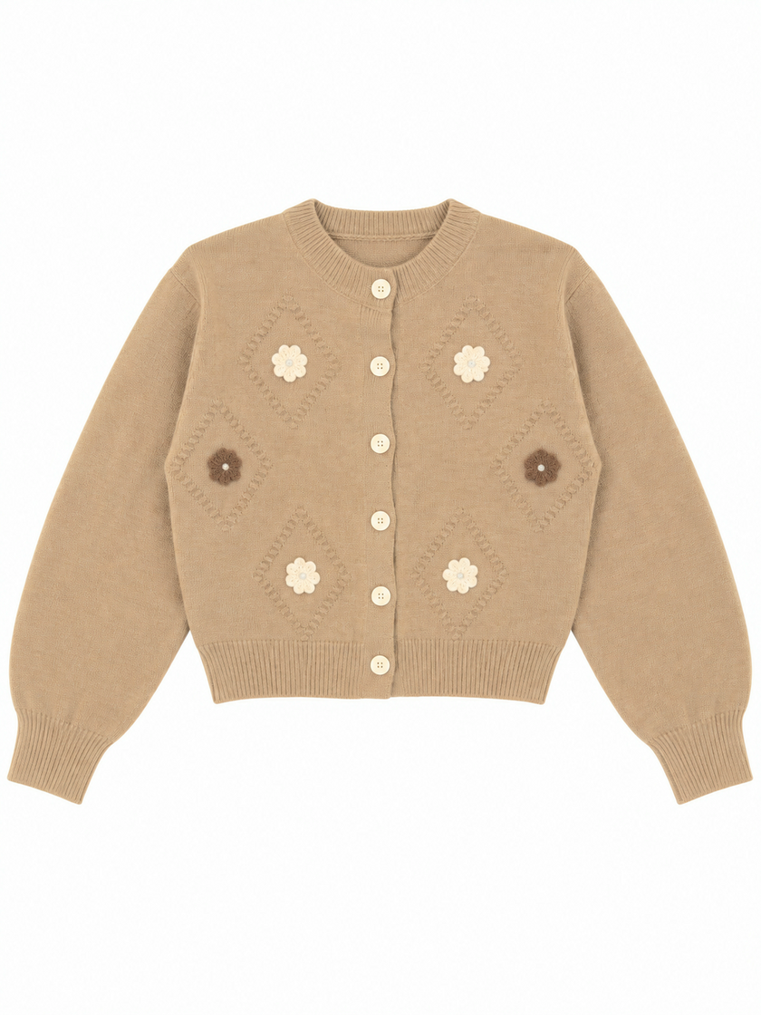 Camel brown crochet flower women's cardigan by Purple Imli – product shot